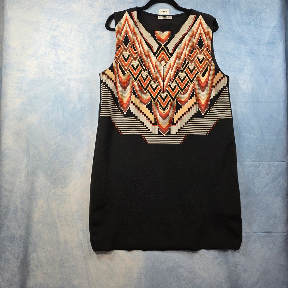 Zara Woman Geometric Tribal Print Sleeveless Shift Dress Black Orange XL